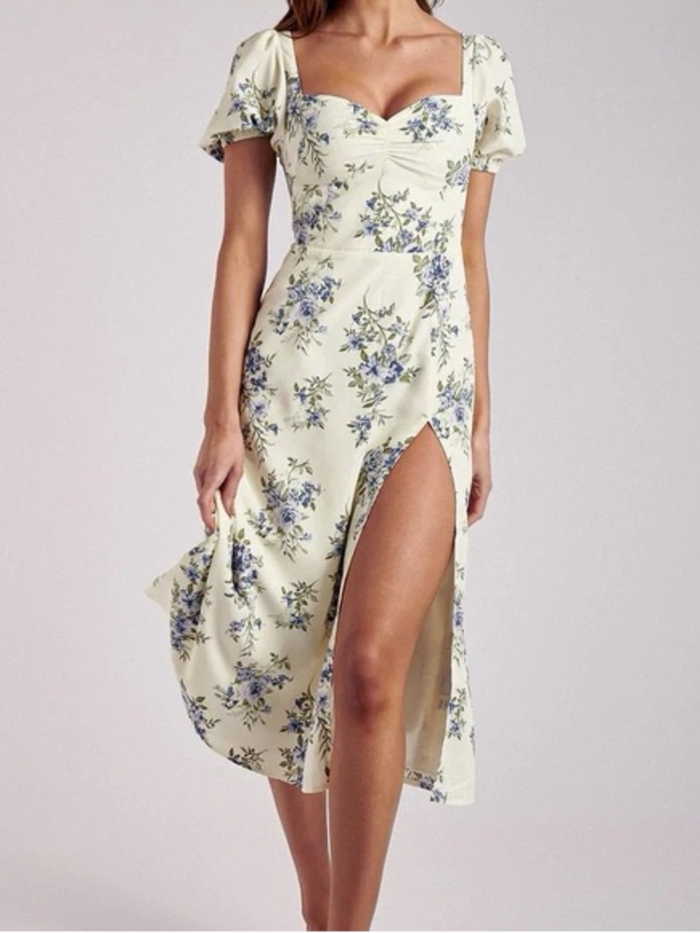 MESHKI Julia Floral Midi Dress Ivory Blue XS Boho Cottagecore Wedding Guest